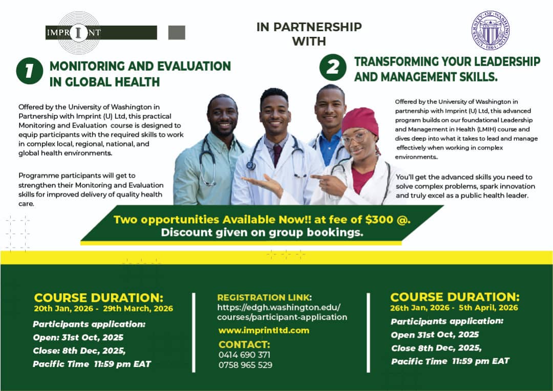 🚀 Elevate your career in 2026!
Join University of Washington courses hosted by Imprint (U) Ltd:
✅ Transforming Your Leadership and Management Skills (TLMS) 
✅ Monitoring and Evaluation (M&amp;E) in Global Health 
Fee; $300
Apply by Dec 8th 👉 lnkd.in/gJfigc8