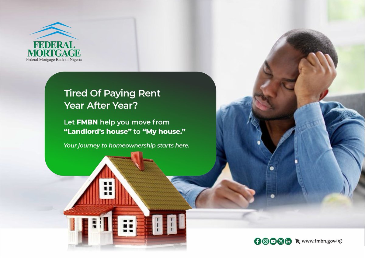 fmbnnigeria's tweet image. Let FMBN help you move from &apos;Renter&apos; to &apos;Homeowner.&apos;

Access easy, affordable 30-year mortgage loans at single-digit interest rates by simply subscribing to the National Housing Fund (NHF) scheme.

Visit ibank.fmbn.gov.ng today or an FMBN branch near you.