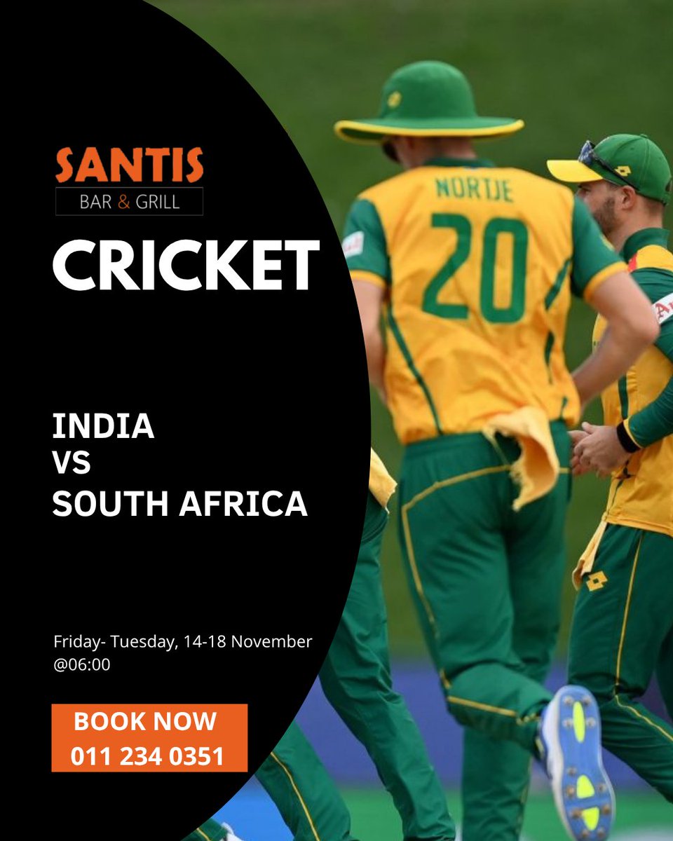 SantisBarGrill's tweet image. 🏏🇮🇳India vs South Africa🇿🇦

Friday 14 – Tuesday 18 Nov — Catch the full cricket series live at Santis!📺🇿🇦Cheer for the Proteas while enjoying burgers🍔, platters🍗, and cold draughts🍺!

📍Bookings essential – call📞011 234 0351

#SantisBarAndGrill #webchanges #santiswebchanges