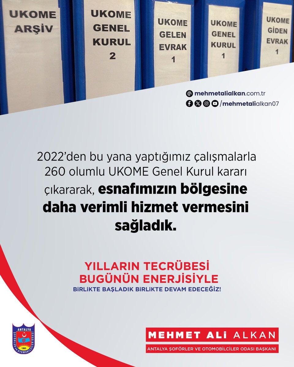 2022’den bu yana yaptığımız çalışmalarla 260 olumlu UKOME Genel Kurul kararı çıkararak, esnafımızın bölgesine daha verimli hizmet vermesini sağladık.

#MehmetAliAlkan
#BirlikteDevamEdiyoruz