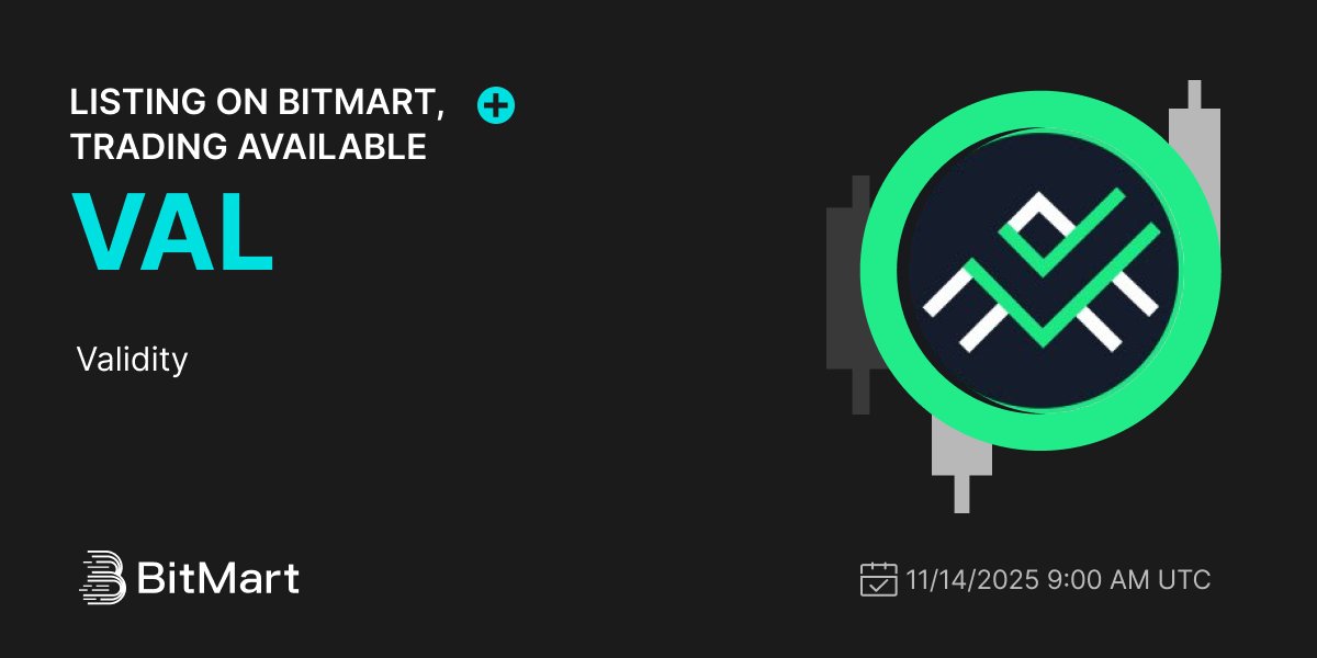 BitMartExchange's tweet image. #BitMart will list Validity (VAL) @ValidovityTech on our digital assets platform on Nov 14, 2025 🤩

💰Trading pair: VAL/USDT
💎Deposit: 11/13/2025 9:00 AM UTC
💎Trading: 11/14/2025 9:00 AM UTC

Learn more: bitmart.zendesk.com/hc/en-us/artic…
