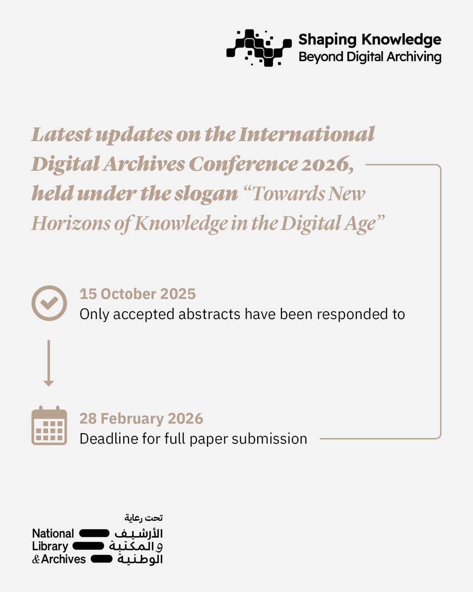 Nlauae's tweet image. International Digital Archives Conference 2026: Key Updates

The #NationalLibraryandArchives shares the latest updates on the 3rd International Digital Archives Conference, taking place from 21–23 April 2026 under the slogan “Towards New Horizons of Knowledge in the Digital Age”.…