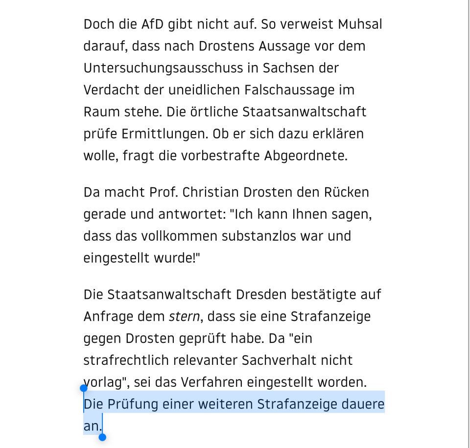 Vor dem Thüringer UA hatte Drosten behauptet, das Verfahren gegen ihn sei „völlig substanzlos“ und „eingestellt worden“. 

Nun erfahren wir aus dem Stern: „Die Prüfung einer weiteren Strafanzeige“ gegen Drosten „dauere an“.

stern.de/politik/deutsc…

Danke für den Hinweis,