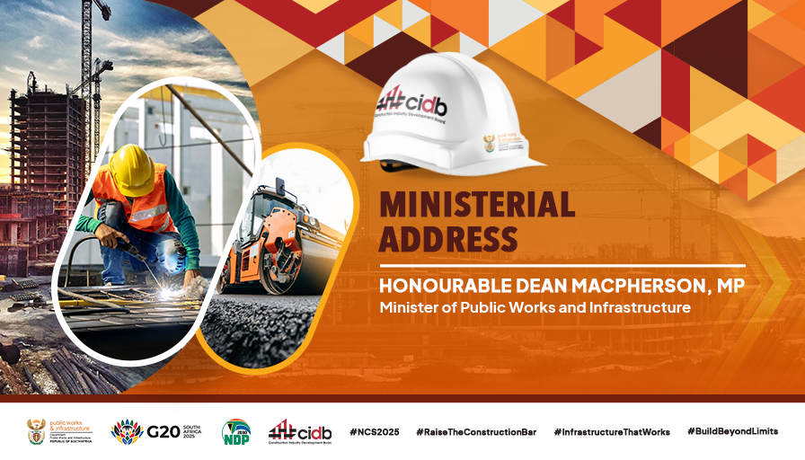 cidb_sa's tweet photo. We would now like to welcome Minister @DeanMacpherson of the @DepartmentPWI to deliver the 2025 #NationalConstructionSummit Ministerial Address.

#NCS2025 #RaiseTheConstructionBar #InfrastructureThatWorks #BuildBeyondLimits #cidb

@PresidencyZA @GovernmentZA @GautengProvince @City_Ekurhuleni @GCISMedia
