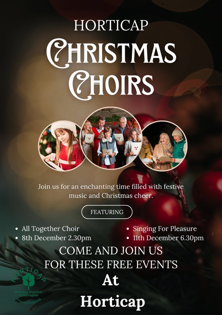 Join us for two free events:
All Together Now choir, 8/12 at 2.30pm &amp; the U3a - Harrogate Singing for Pleasure Choir, 11/12 at 6.30pm. For the evening event, tea, coffee, cakes, mulled wine and hot dogs will be available. #Harrogate #charity #learningdisabilities #horticulture