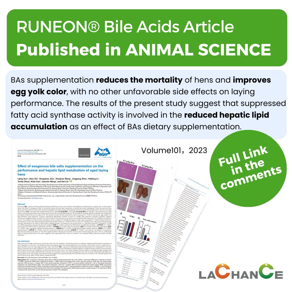 LACHANCE2004's tweet image. 🔎 RUNEON® #BileAcids Article Published in Journal of ANIMAL SCIENCE
「Effect of exogenous bile salts supplementation on the performance and hepatic lipid metabolism of aged laying hens」
✍ Reduces mortality of #hens,improves egg yolk color, reduced hepatic lipid accumulation