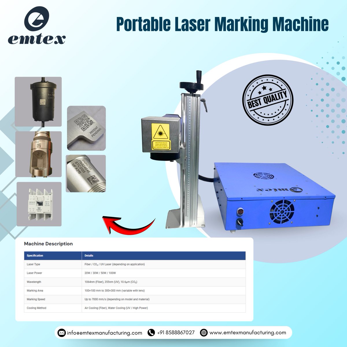 emtex_machines's tweet image. Compact in design, powerful in performance! 💥
Emtex Portable Laser Marking Machine delivers precision marking anywhere, anytime.
📩 info@emtexmanufacturing.com
📞 +91 8588867027
🌐 emtexmanufacturing.com
#Emtex #LaserMarkingMachine #PortableLaser #IndustrialMachines #Precision
