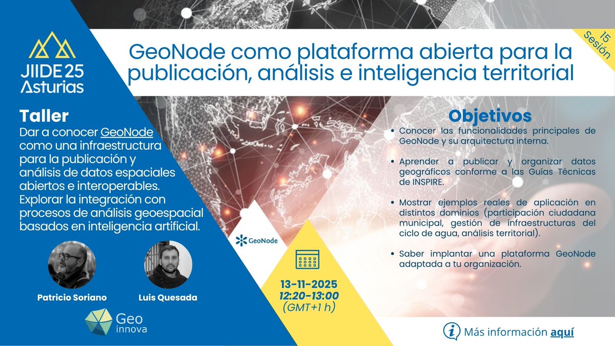 <a href="/GobAsturias/">Principado de Asturias</a> <a href="/IGNSpain/">Instituto Geográfico Nacional-O.A.CNIG</a> <a href="/DGTerritorio/">Direção-Geral do Território</a> <a href="/IECA_Andalucia/">IECA</a> <a href="/IGEAR_Aragon/">IGEAR</a> <a href="/Geografia_UOvi/">Departamento de Geografía. Universidad de Oviedo</a> <a href="/geoportalmadrid/">Geoportal del Ayuntamiento de Madrid</a> <a href="/areacartografia/">Cartografia Oficial d'Andorra</a> 🌐GeoNode una plataforma abierta para la publicación, análisis e inteligencia territorial

#GeoNode se presenta como una infraestructura abierta para la publicación y análisis de datos espaciales interoperables, que integra procesos de análisis geoespacial avanzados basados en IA