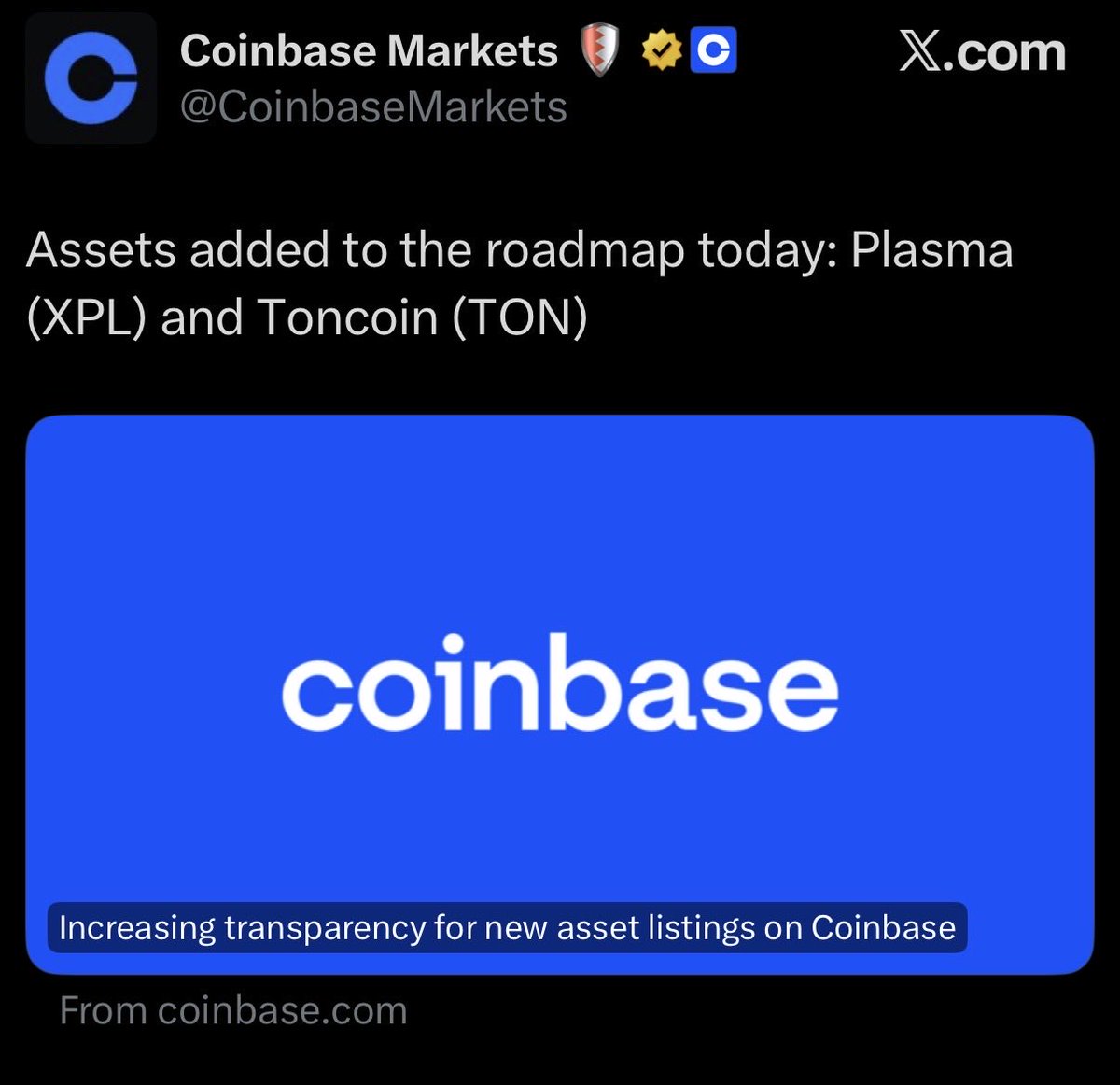 BREAKING: Coinbase Markets has announced that $TON has been added to the  listing roadmap 💎👀