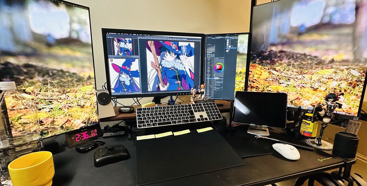 板タブ環境も落ち着きし。
intuos pro M,SからL,Sコンビへ。大きいとストロークが安定するし、付箋もいっぱい貼れてよい
メインモニタも32の4k→24のFHDへデカ高精細は注意力散漫になってる気がして辞めました。視界に収まる大きさがよい
廉価版カラマネモニタながら発色よく目も疲れないEIZOはよき