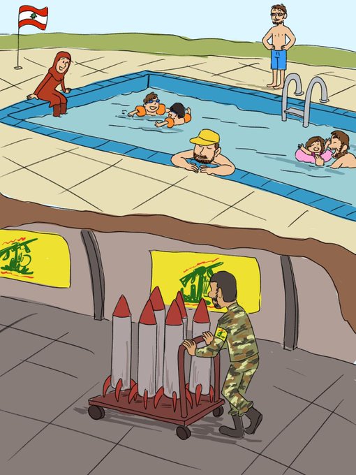 Cartoon illustration split into two levels: upper level shows a swimming pool with a family including a woman in red clothing sitting by the edge, children wearing floaties swimming and playing in the water, a man in yellow hat swimming, and another man standing nearby wearing swim trunks under a sunny sky with a flag; lower level depicts an underground tunnel with yellow walls, a soldier in camouflage uniform pushing a cart loaded with red-tipped rockets towards the viewer.