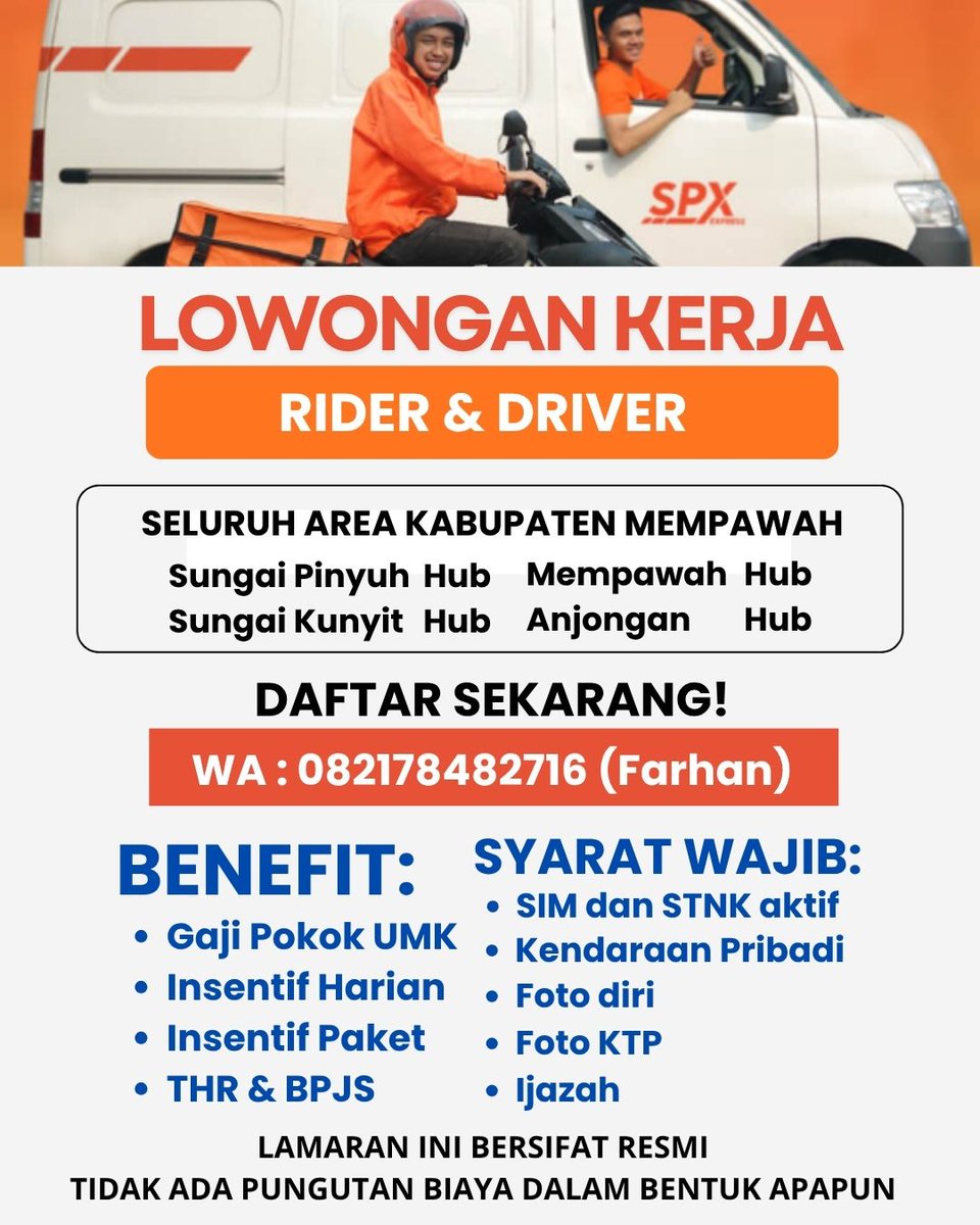 iceopennetworkk's tweet image. 🚨 BUTUH CEPAT! Shopee Express membuka lowongan Driver/Rider (Kurir) untuk area Mempawah, Kalbar.
📞 Hubungi segera: Farhan (082178482716)
⚠️ Pastikan punya SIM &amp;amp; STNK aktif!
#SPXExpress #ShopeeExpress #LokerKurir #LokerMempawah #KerjaLogistik
