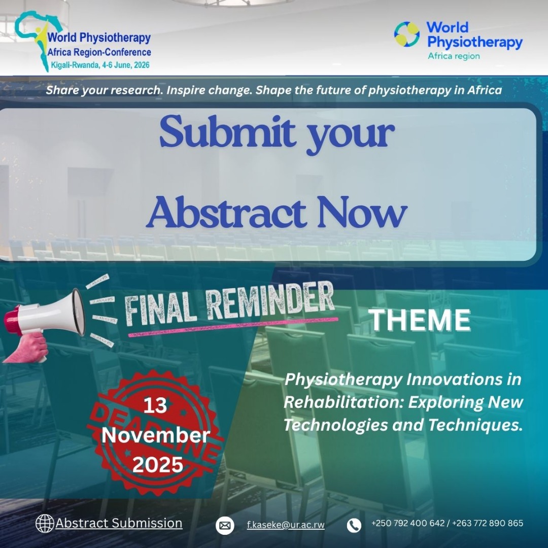 World Physiotherapy Africa Region Conference

🔥 Last day to submit your abstract! The submission deadline is today 🕛

Share your ideas, research, and experiences with the physiotherapy community 🌍

👉 Submit your abstract today!
world.physio/regions/africa