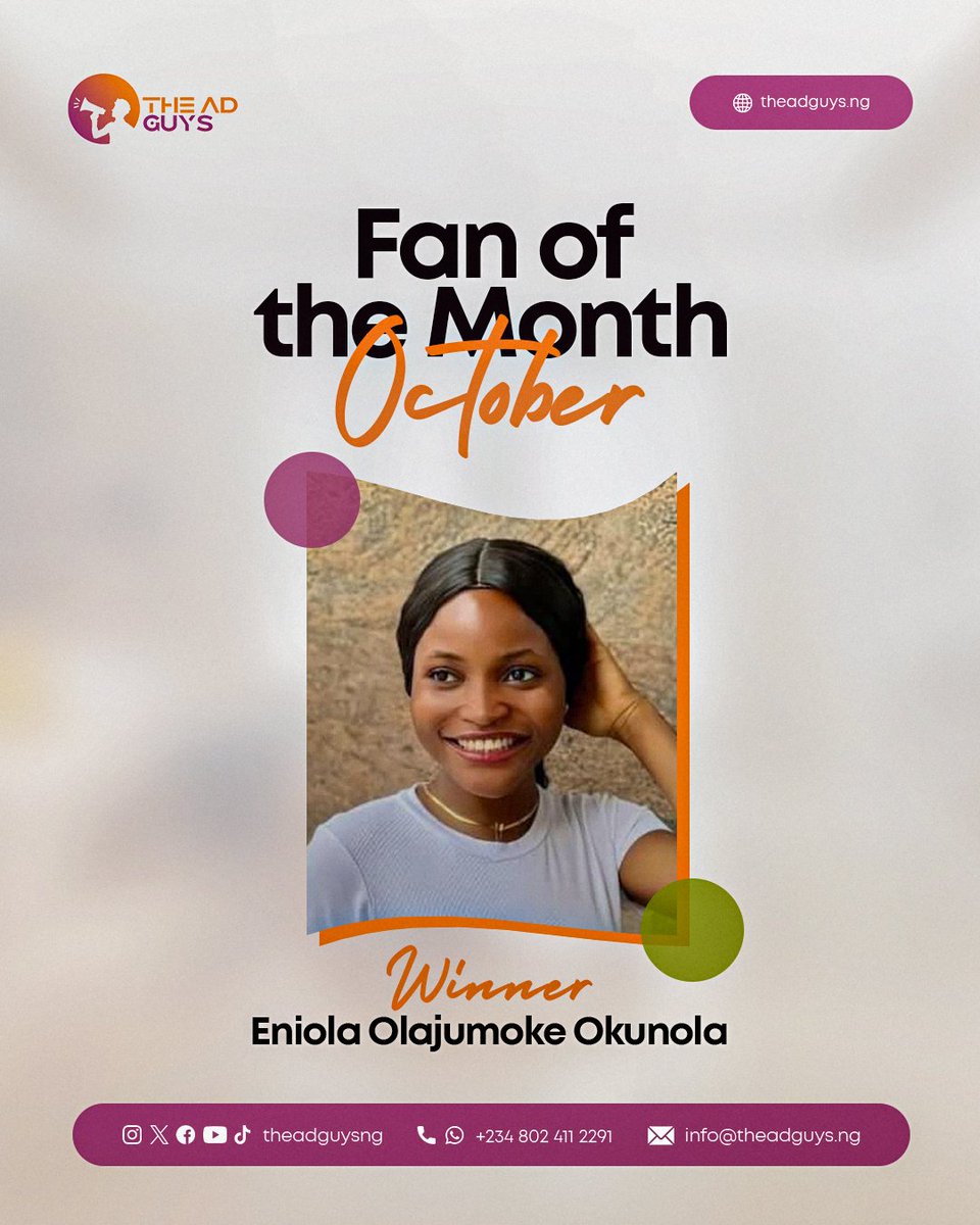 theadguysng's tweet photo. Congratulations to Eniola Okunola for winning the fan of the month for October! ππ₯
Thanks for showing up, showing love, and supporting the brand. π―
Stay tuned and prepared for November!
#theadguys #fanofthemonth https://t.co/N1OXLz4kDe