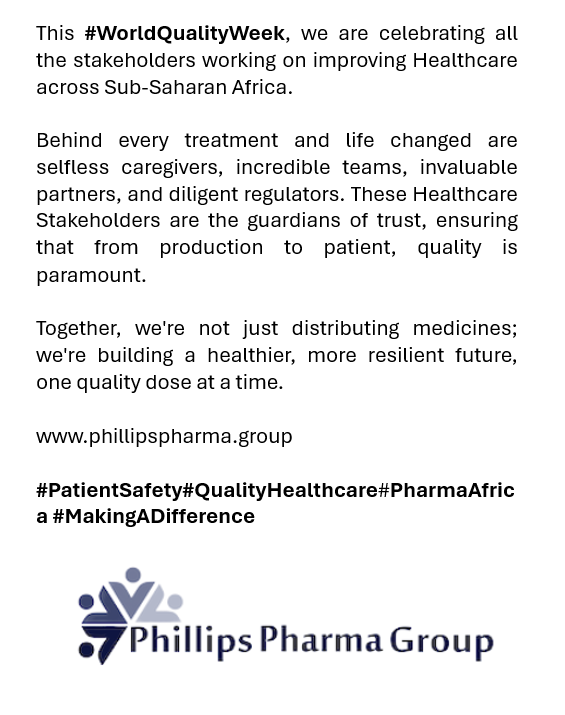 This #WorldQualityWeek, we celebrate all who uphold Healthcare Quality across Africa - from lab to patient. Together, we're building a resilient, healthier future.

phillipspharma.group
#PatientSafety #QualityHealthcare #PharmaAfrica #MakingADifference #PhillipsPharmaGroup