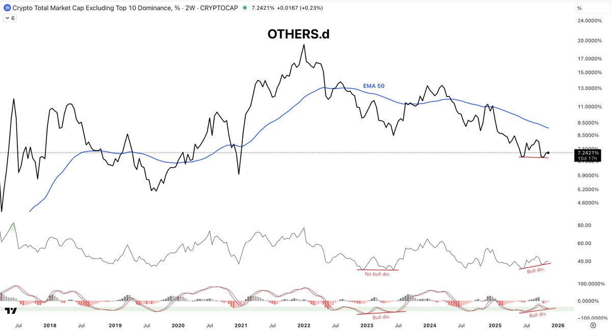 MaeliusCrypto's tweet image. Looks like we&apos;ve finally got the bull div. on Others.d on 2W RSI and WTO for the first time ever.

Not fading it.