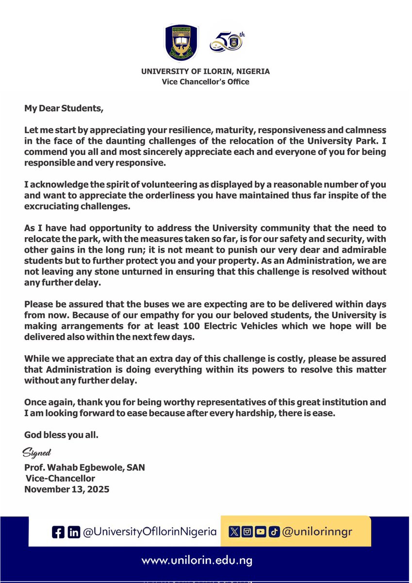 UnilorinNGR's tweet photo. VC Writes Unilorites on Bold Plan to Fix Campus Mobility

@UilStudentUnion
#UNILORIN | #ProbitasDoctrina #BetterByFar🎓 https://t.co/4zazcMGZmJ