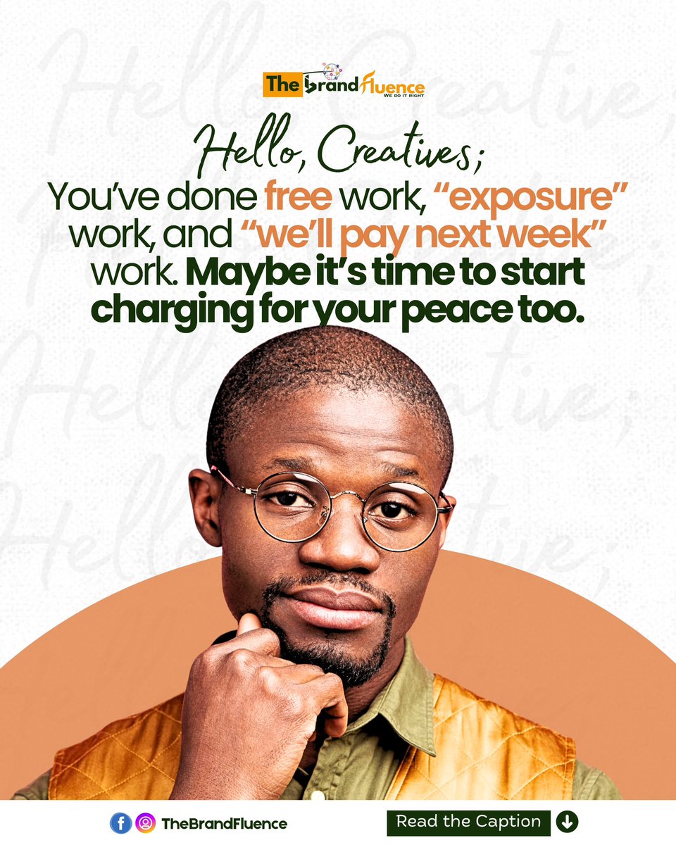 TheBrandFluence's tweet photo. @impeculiar1b At some point, “it’ll help your portfolio” stops making sense. ✋🏾
You’ve paid your dues — in time, effort, and sleepless nights. Now it’s time your value paid you back. 💰

🚀 Creatives, peace of mind is part of your rate card too.
#TheBrandFluence #CreativeTalks #KnowYourWorth https://t.co/iyvwiThLFj