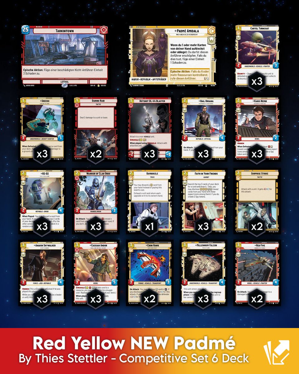 CardmarketSWU's tweet photo. 💛❤️ “For the Republic!”
Padmé enters the Set 6 spotlight with this Competitive Red Yellow deck by Thies Stettler 💫
Elegant and deadly ✨
#StarWarsUnlimited #SecretsOfPower #SWU https://t.co/SlxOPSHBro