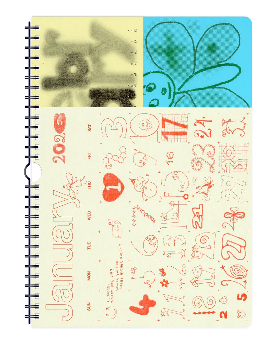 opnner's tweet photo. opnner Risograph Calendar 2026 {•.•} 
今年はずっとやってみたかったRing Note 、全ページリソグラフ印刷です
カレンダー制作は毎年、新しいことや苦手なことに挑戦していて、今回は背景のある絵に取り組みました
今年のカレンダーここまで着いてきてくれてありがとう、来年にバトンタッチです🐌 https://t.co/dx669DBj10