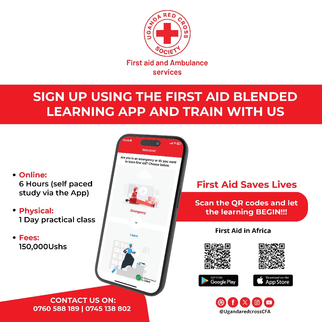 No more excuses!

Busy schedule? No time ?

With the First Aid Blended Learning  App, you can learn life-saving skills anytime, anywhere  right from your phone.

✅ Study online at your own pace
✅ Attend practical sessions later
✅ Get certified by the <a href="/UgandaRedCross/">Uganda Red Cross Society</a>