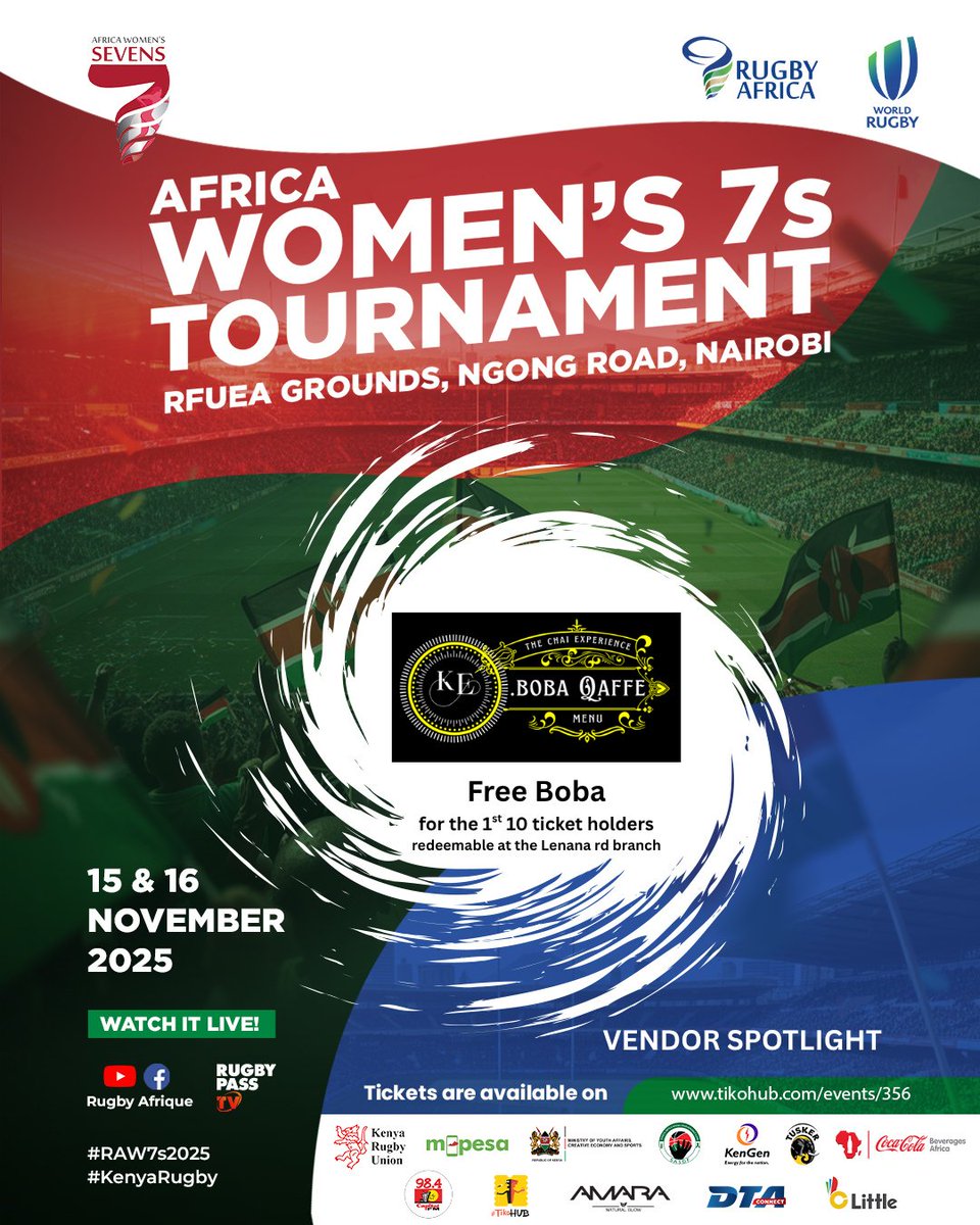 MDVltd's tweet photo. Free boba! Show your ticket and get your free boba from KeBoba Qaffe @brianshigoli7 at their Lenana rd Astrol outlet. They will be serving up drinks at the RFUEA grounds on Saturday and Sunday 16th Nov. @OfficialKRU 🫣 #RAW7s2025 #KenyaRugby #MDVvendors https://t.co/WyRSzA1Mom