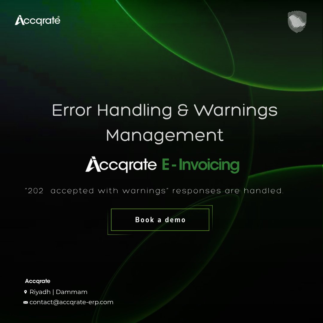 accqrate_erp's tweet image. Error Handling &amp;amp; Warnings Managed
“202 accepted with warnings”? #AccqrateEInvoicing handles it automatically, smooth, compliant, uninterrupted.
#ZATCA #ErrorHandling #EInvoicing #SaudiCompliance #ERP #SaudiArabia