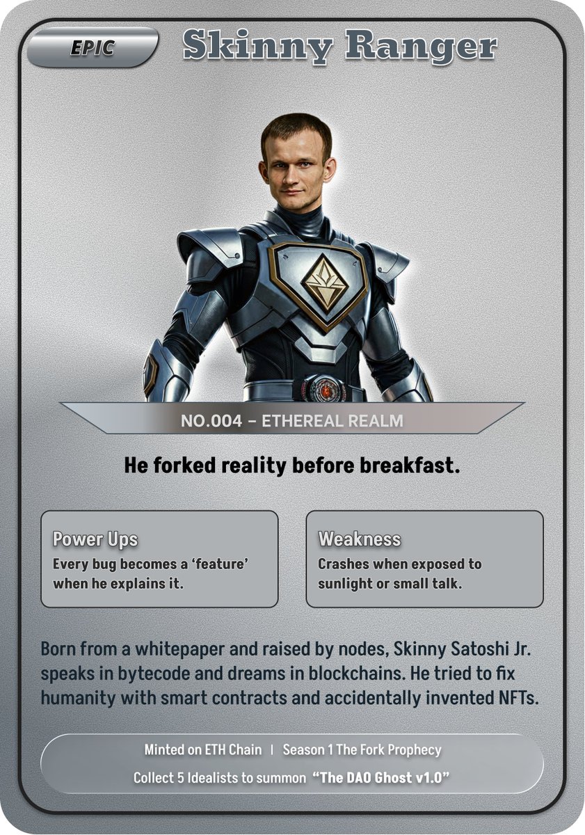 RangerOfCrypto's tweet photo. Introducing our Third Ranger

@VitalikButerin from the ETHEREAL REALM https://t.co/kK0HPKtyrX