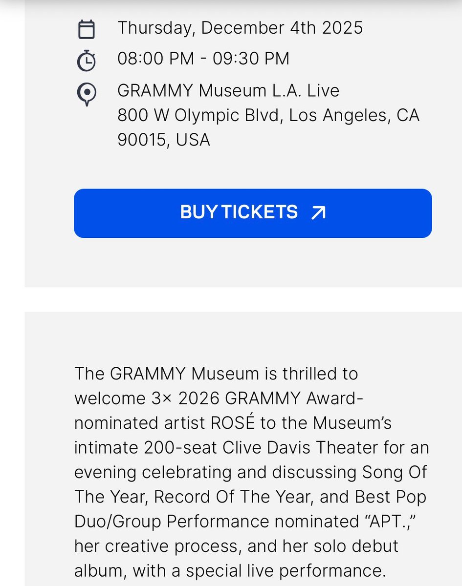 roseannepics's tweet image. ROSÉ will be performing at the Grammy Museum on December 4 ❤️‍🔥