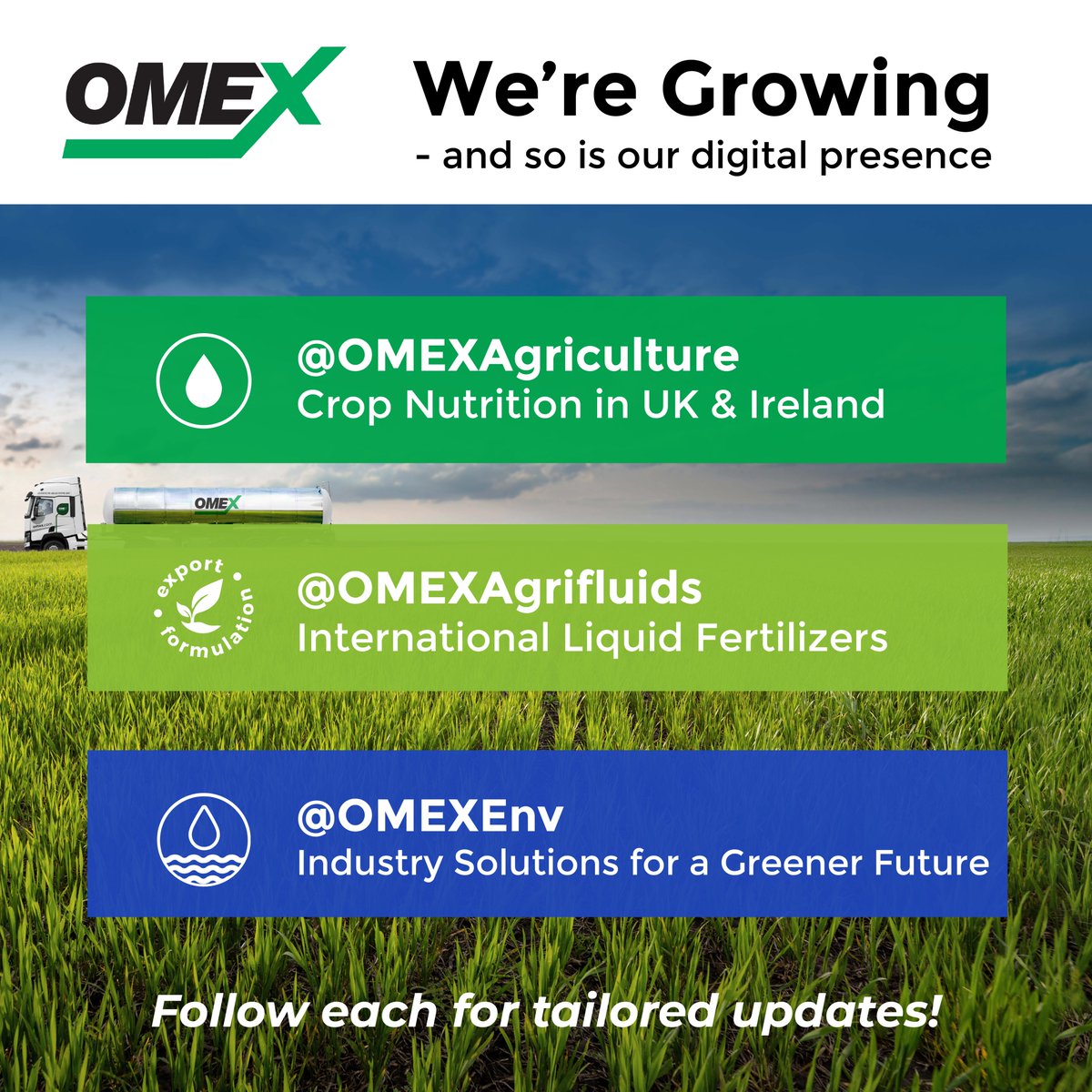 OMEXAgrifluids's tweet photo. 🚀OMEX is growing - and so are our socials! Follow the OMEX family: 🌾@OMEXAgriculture-UK &amp; Ireland crop nutrition+agronomy 🌍@OMEXAgrifluids-Liquid fertilizers &amp; biostimulants, supporting growers worldwide 💧@OMEXEnv-Industrial &amp; environmental solutions #omex https://t.co/Tk0UIQ6v9l