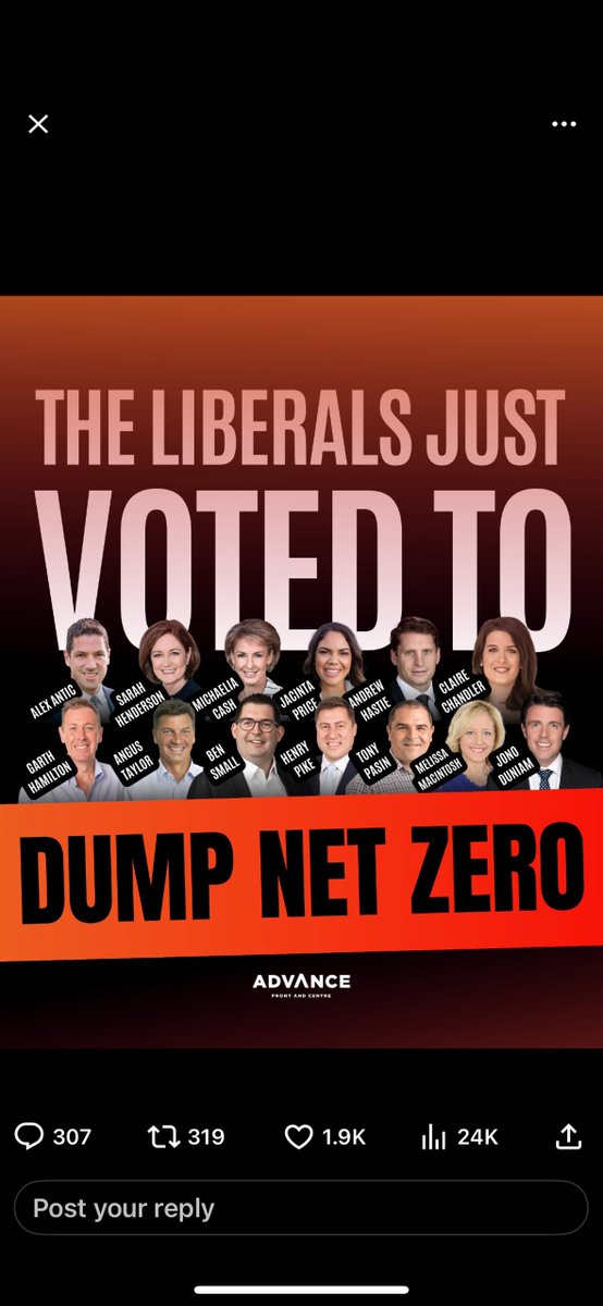 QuentinDempster's tweet image. Folks, this now successful campaign to capture the federal parliamentary Liberal Party re dumping net zero 2050 was pushed by Advance, an online outfit bankrolled by Gina Rinehart, an Australian coal/gas oligarch and Trumpist.