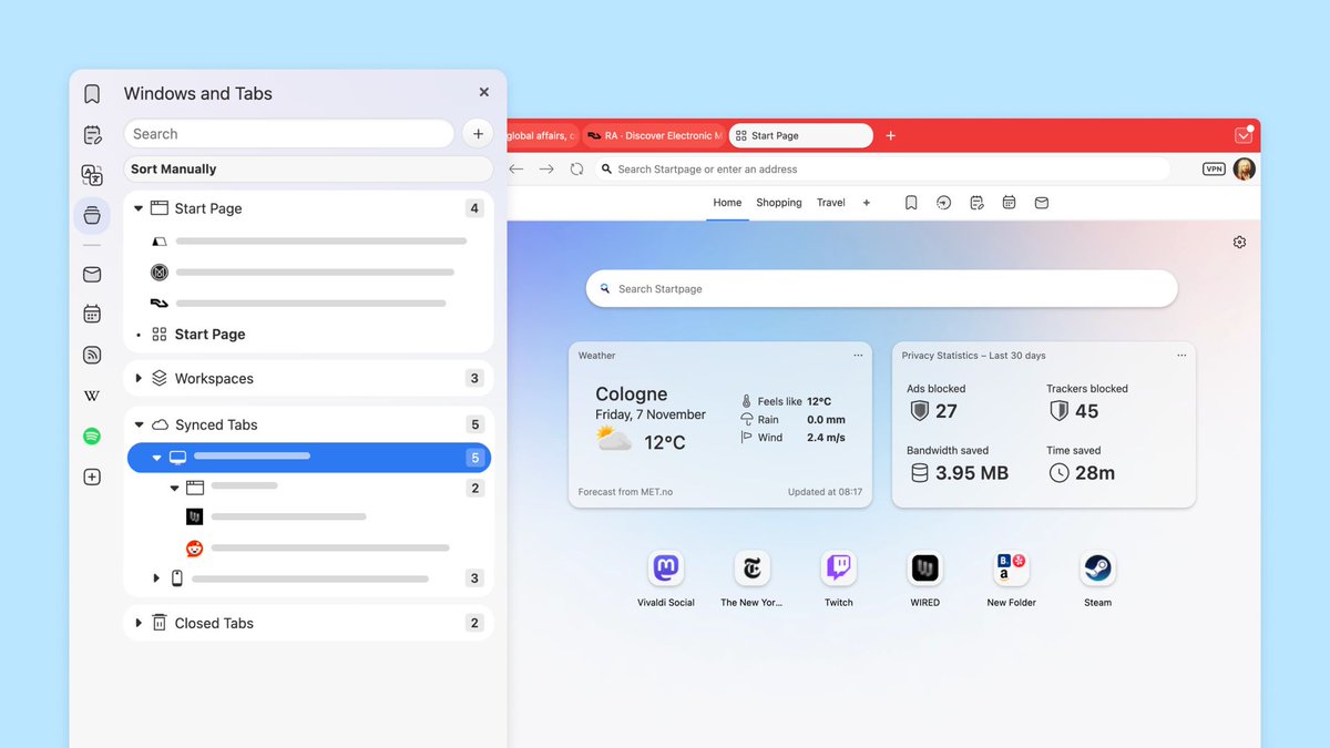 vivaldibrowser's tweet image. Vivaldi 7.7 has arrived! 🤝

✅ All your tabs, structured, anywhere you need them
✅ Unified Start Page layout
✅ Brand new performance controls
✅ Privacy Dashboard redesigned
✅ Refined Mail panel
