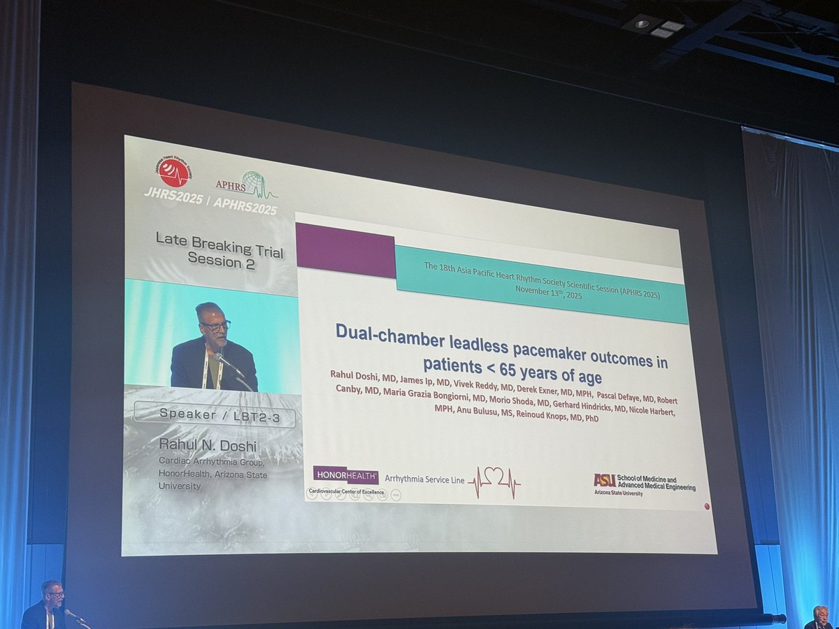 EugenioCingolan's tweet photo. Dual Chamber #leadless #pacing #AVEIR @AbbottNews - Results in patients < 65 presented today @APHRSOfficial #APHRS2025 #Yokohama

-Similar results than in older population
-Low complication rates 
-Interestingly no issues in i2i requiring repositoning of the atrial device ... 🤔 https://t.co/vWKZHT2LlV