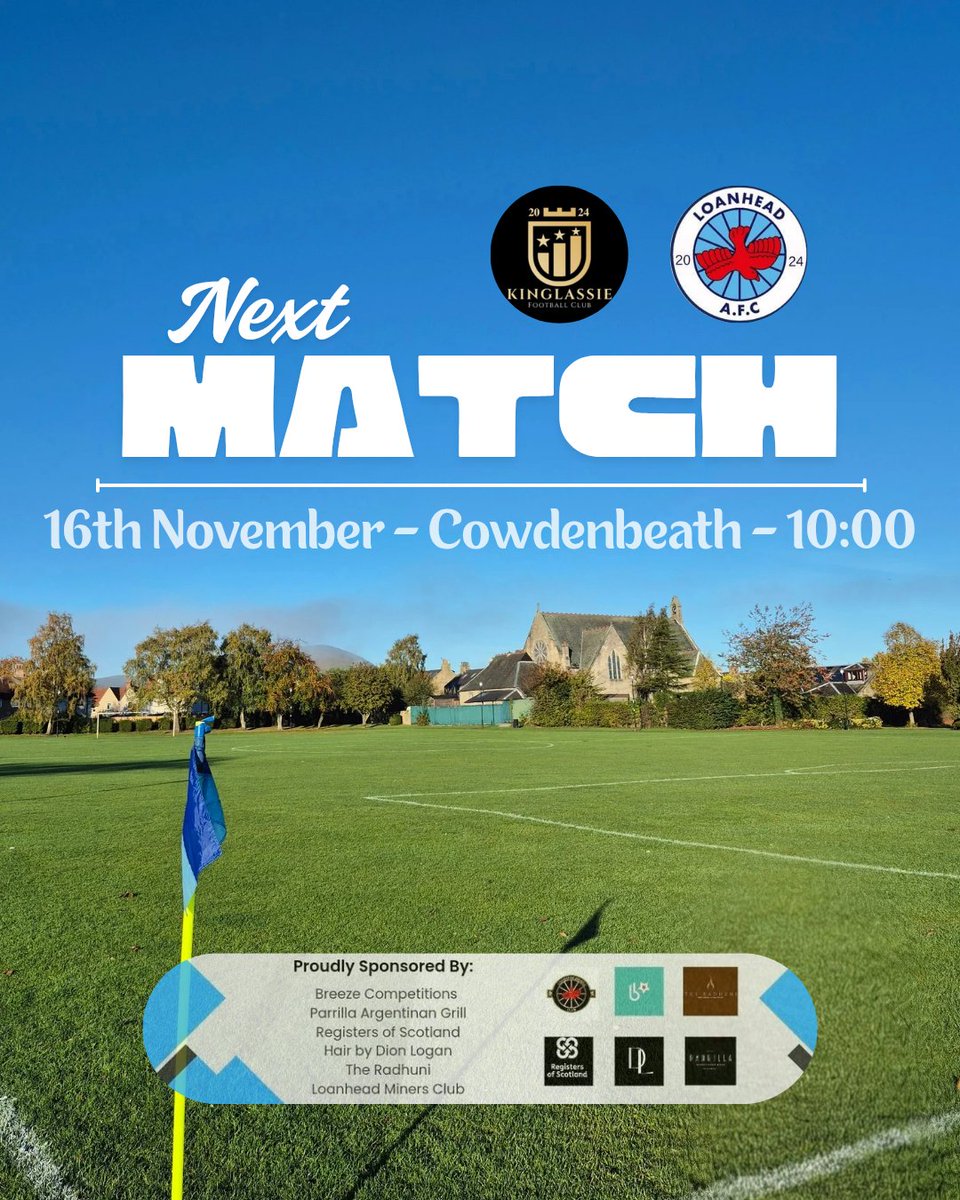 On Sunday we are on the road to Kinglassie AFC in round 3 of the East of Scotland Cup.

📅 16th November, 10:00 ko
📍Lumphinnans Sports Hub, KY4 9HW

Come support the lads if you can 💙🤍