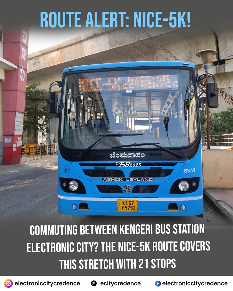 ecitycredence's tweet image. 🚍 Know about the NICE-5K bus route (Kengeri ↔ Electronic City)?
• 21 stops along the way
• Runs daily from 07:15 AM to 17:20 PM
#Bengaluru #ECity #NICE5K #PublicTransit

------------------------------------