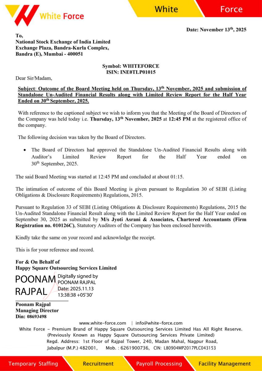 nileshkurhade's tweet photo. 📌 Happy Square Outsourcing Services Limited informed the exchange about its approval for the financial results for the period ended September 30, 2025. #SME #WHITEFORCE 📄🧾 https://t.co/1eTgmEuq8g