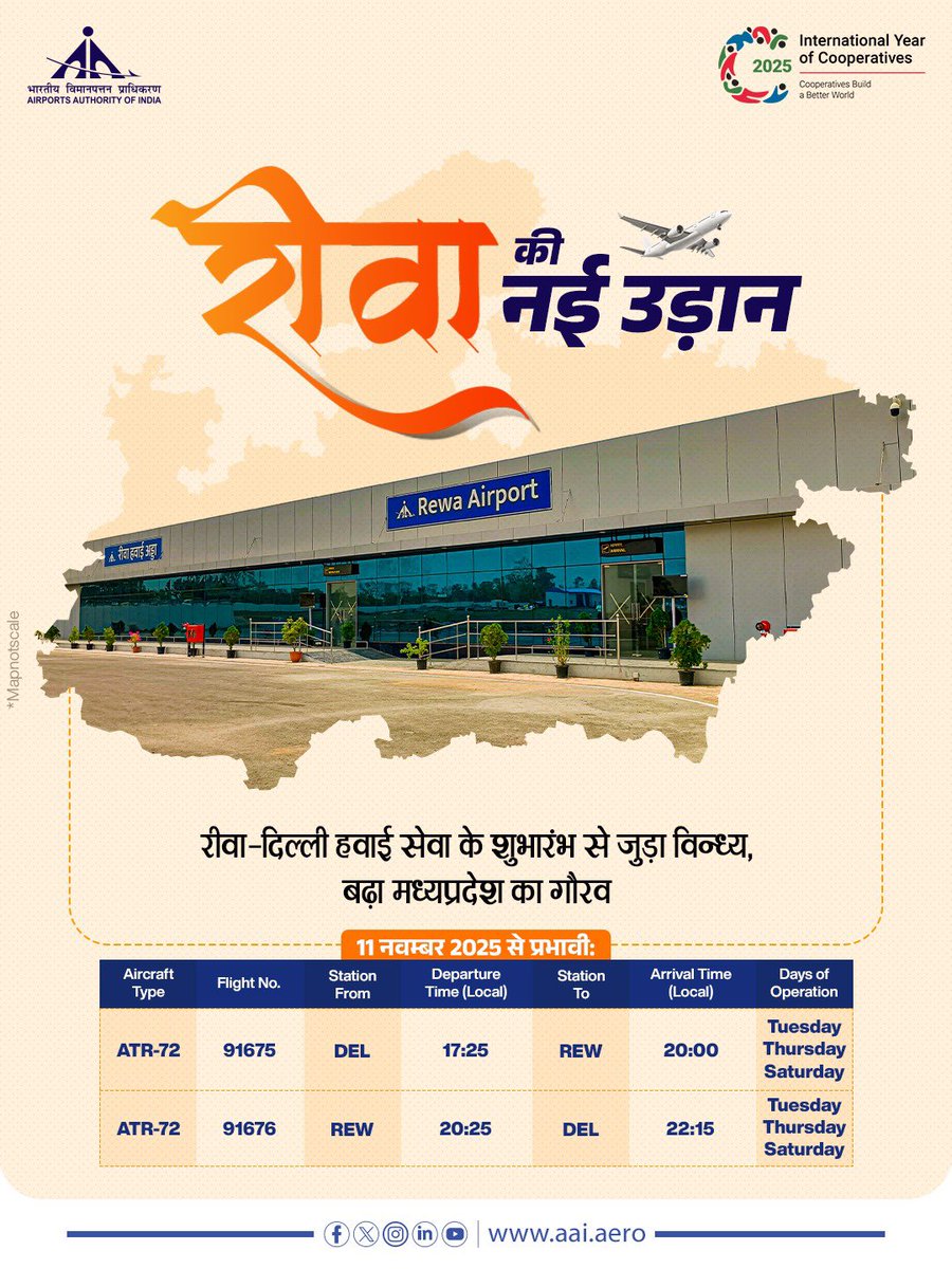 AAI_Official's tweet image. रीवा की नई उड़ान, सशक्त मध्यप्रदेश की पहचान!

रीवा–दिल्ली हवाई सेवा का शुभारंभ हो गया है। @allianceair द्वारा संचालित नई हवाई सेवा ने अब रीवा से सीधे दिल्ली की यात्रा को और भी आसान एवं सुविधाजनक बना दिया है। यह 11 नवम्बर 2025 से नियमित रूप से प्रचालित है और प्रत्येक मंगलवार,…