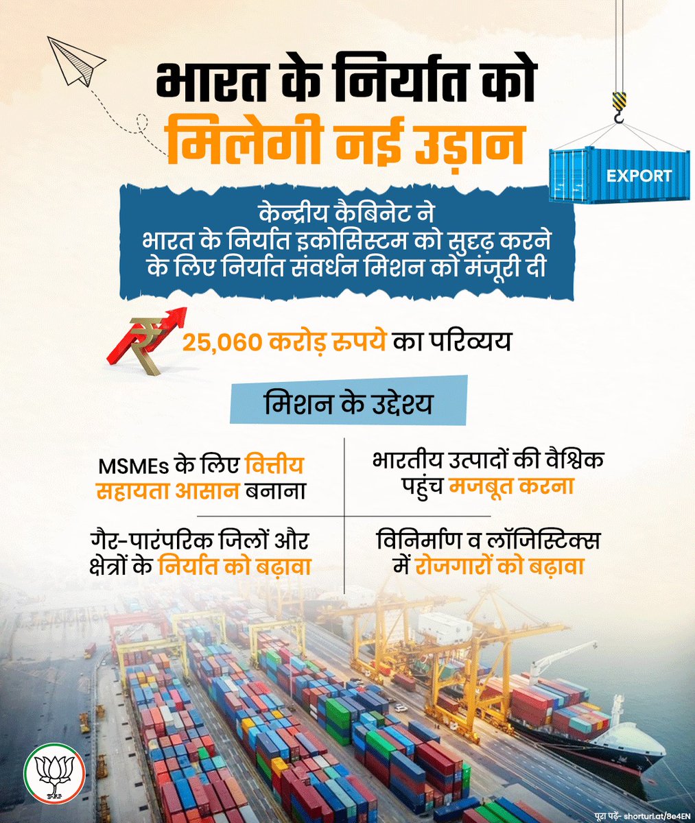 मोदी सरकार में विकसित भारत के निर्यात को मिलेगी नई उड़ान। 

केन्द्रीय कैबिनेट ने भारत के निर्यात इकोसिस्टम को सुदृढ़ करने के लिए 25,060 करोड़ रुपये के परिव्यय के साथ 'निर्यात संवर्धन मिशन' को मंजूरी दी। 

#CabinetDecisions