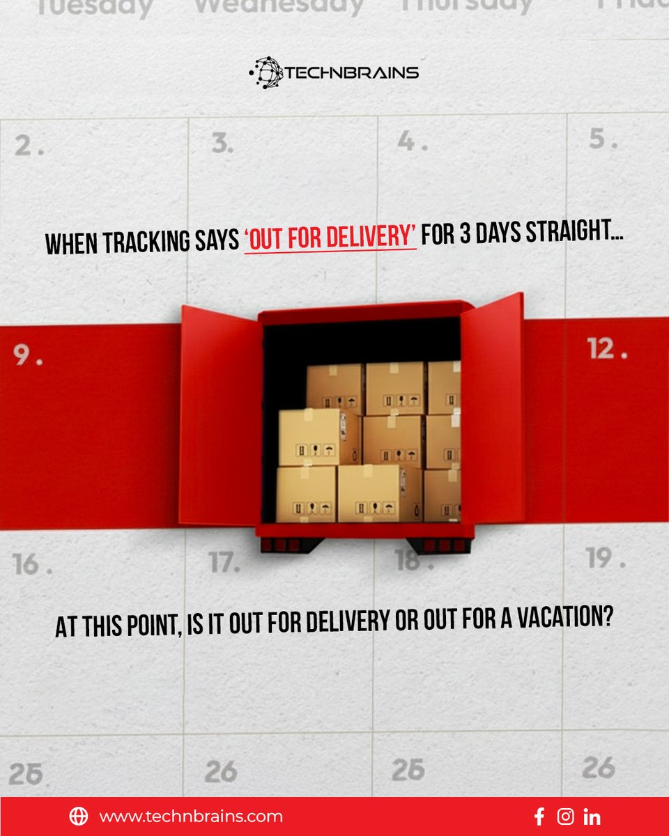 technbrains's tweet image. At this point, we’re wondering is it really coming to your doorstep, or did it decide to take a little vacation? 🏖️

#SupplyChain #Logistics #DigitalTransformation #AI