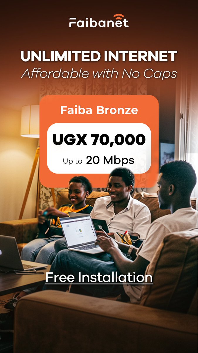 nbstv's tweet image. Stream, work, and connect without limits! With @faibanet Gold, enjoy speeds of up to 20 Mbps for only UGX 70,000 per month plus free installation.

Call 0800 310 310 or visit faibanet.co.ug.

#UnlimitedInternetExperience #BeUnLimited #NBSUpdates