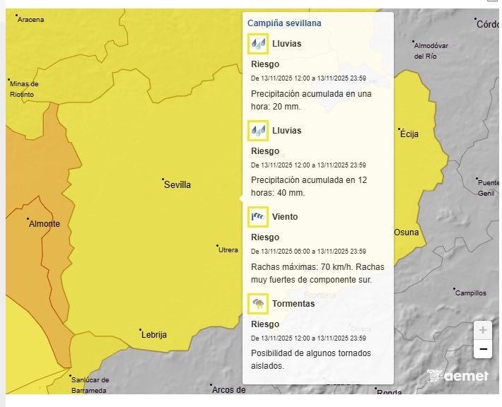 ‼️‼️AVISO AMARILLO POR TORMENTAS, LLUVIAS Y VIENTO 🌧💨⚡
La Agencia Estatal de Meteorología (AEMET) ha activado el aviso amarillo en la comarca de la Campiña sevillana hasta las 23:59 h del jueves 13 de noviembre. facebook.com/share/p/19boJn…