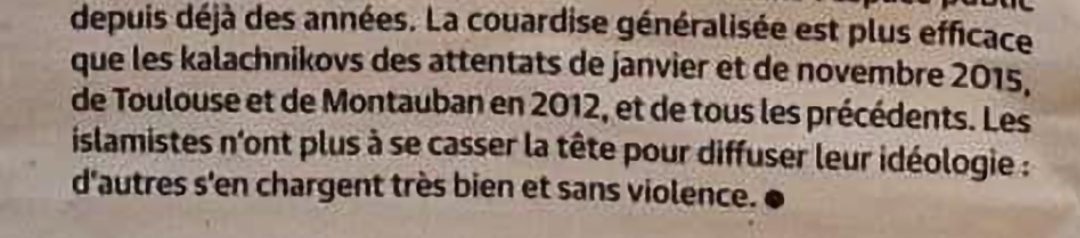 SylvSoko's tweet photo. "La couardise généralisée est plus efficace que les kalachnikovs des attentats (...). Les islamistes n'ont plus à se casser la tête pour diffuser leur idéologie, d'autres s'en chargent très bien et sans violence."
Magistral éditorial de Riss, dans @Charlie_Hebdo_.

#13novembre https://t.co/tJYBLgs6RM