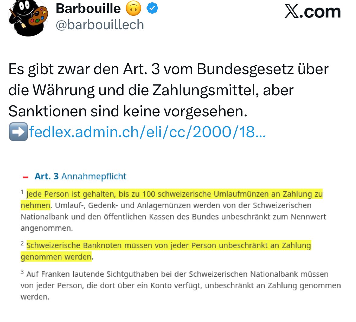 FreielisteZH's tweet image. Da jede Person bis zu 100 CHF Bargeld annehmen muss und CH-Banknoten unbeschränkt in Zahlung genommen werden *müssen* dann ist das Bargeldannahmeverbot unter Strafandrohung gesetzeswidrig, weil es gegen Art. 3 verstösst.