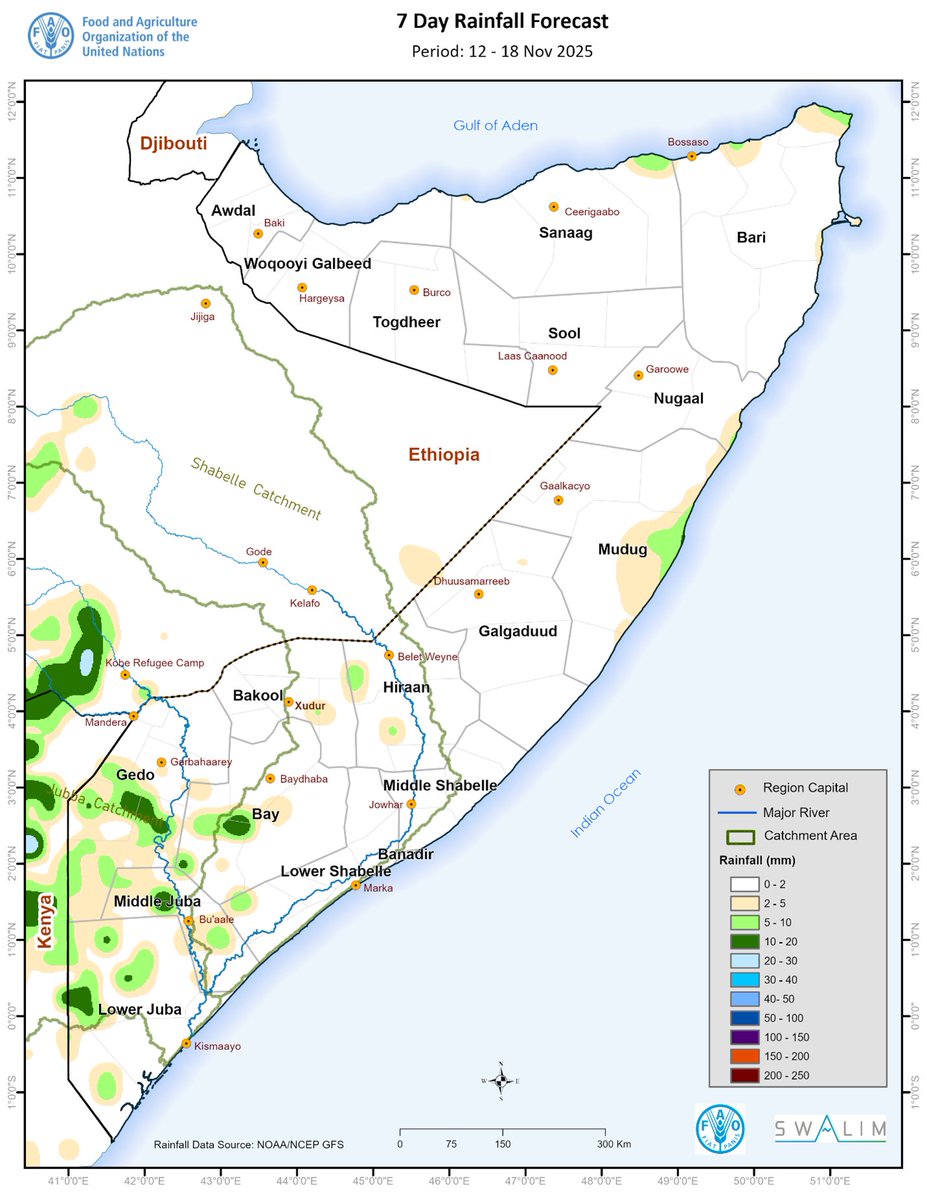 FAOSomalia's tweet photo. ➡️Dry, hot week ahead for most of Somalia with light rains only in the south
➡️Heat to worsen water &amp; pasture stress
➡️Deyr rains below normal, drought worsening
➡️Juba and Shabelle Rivers falling with low flood risk
#FAOSWALIM

👉🏾https://t.co/3j6JJB5ci9 https://t.co/UmqFIRCNNB