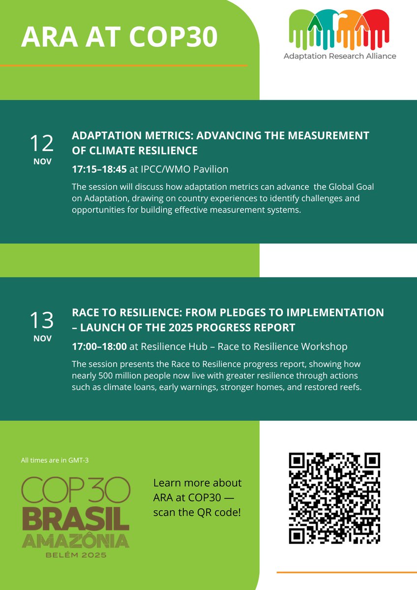 Adapt_Alliance's tweet photo. 📢 Meet ARA at #COP30 | ARA's Co-chair Dr. Aditya Bahadur and ARA's Head of Secretariat Dr. Albert Salamanca will be joining the event in person in Belém, Brazil.

More info: https://t.co/Mw8iNQM9sg

See the list of sessions and connect with them ⤵️
#ARAatCOP30 #ClimateAdaptation https://t.co/RS9U5o9e1R