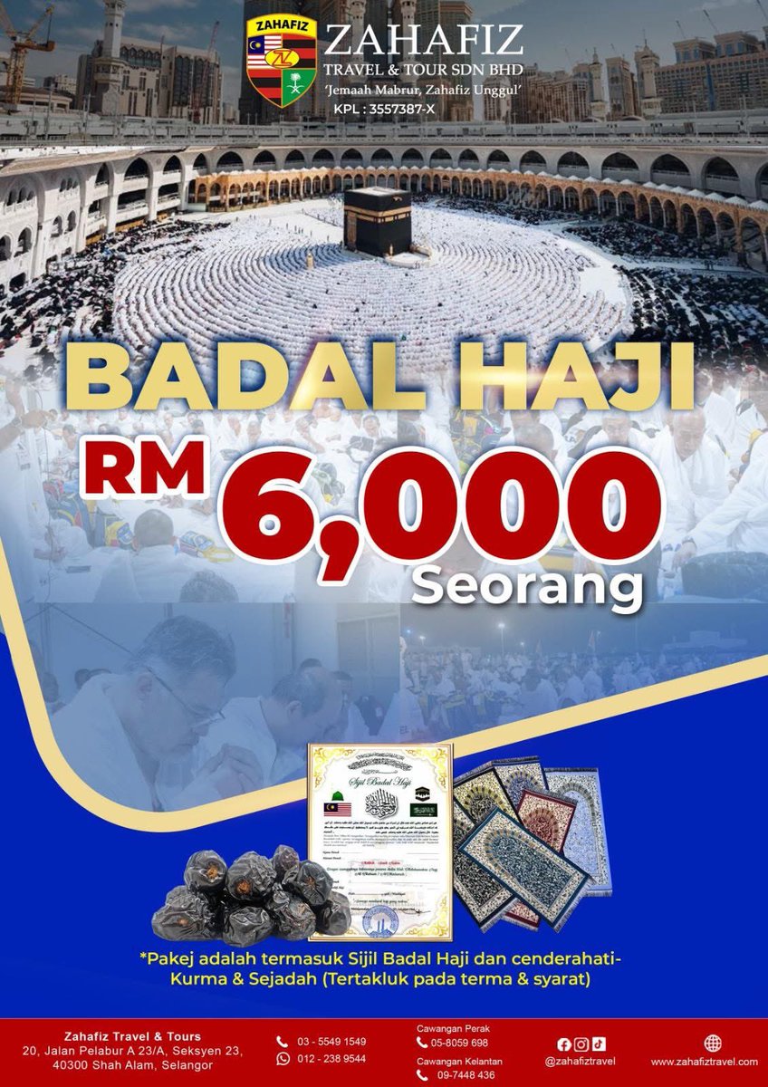 _abunnur's tweet photo. Tak semua orang sempat menunaikan haji sendiri…
Tapi kita boleh hadiahkan pahala Haji buat insan tersayang 💞

🌙 Badal Haji 2026 / 1447H
💰 RM6,000 seorang
📜 Dapat sijil + cenderahati kurma &amp; sejadah https://t.co/4jCuNRdoRJ