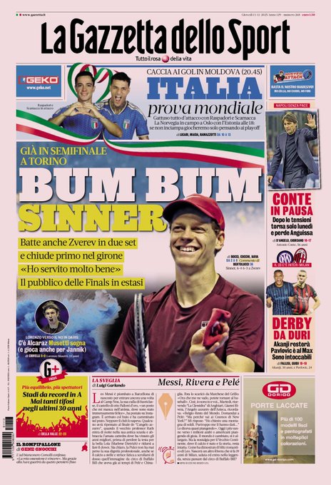 Front Page La Gazzetta dello Sport, Thursday 13 November 2025