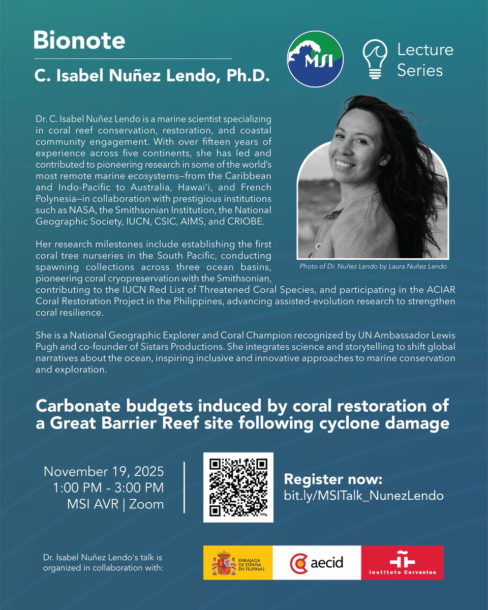 Meet the next speaker of the MSI Lecture Series. Dr. Isabel Nuñez Lendo of University of Technology Sydney and Sistars Productions will discuss coral restoration in the Great Barrier Reef on November 19, 2025, 1:00 PM. Register now: bit.ly/MSITalk_NunezL…