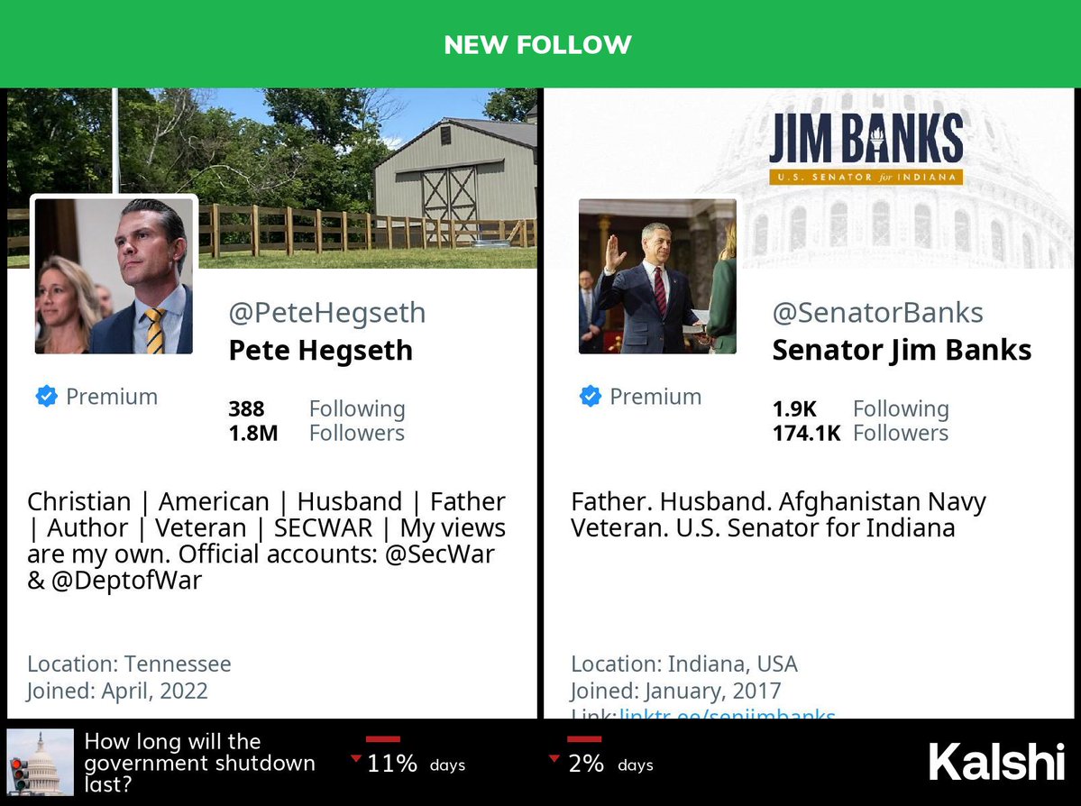 🆕 @petehegseth recently followed <a href="/SenatorBanks/">Senator Jim Banks</a>

(🤖❔: any explanation?)