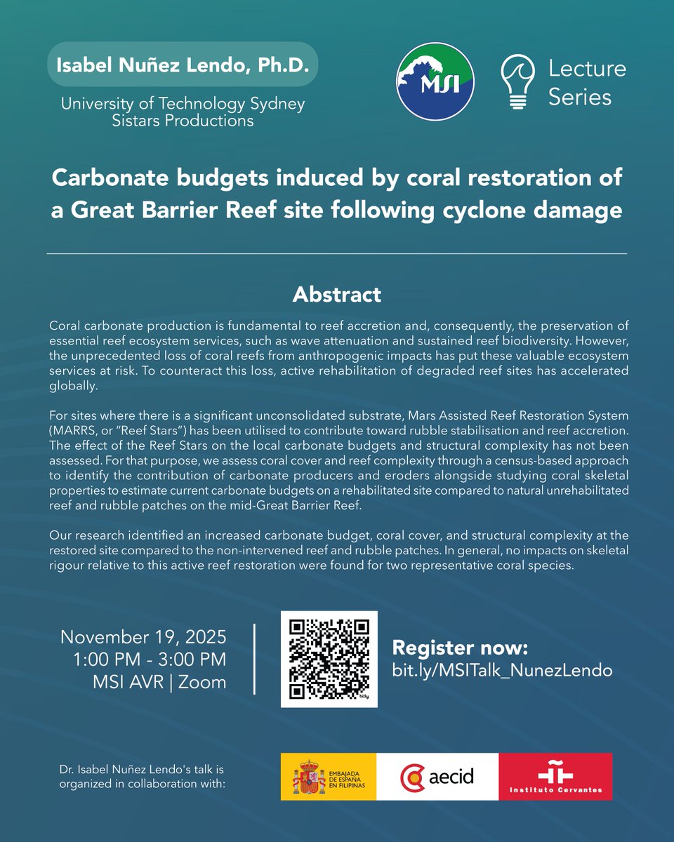 Two days left to register! Dr. Nuñez Lendo’s talk on coral restoration in the Great Barrier Reef will be held on November 19, 2025, 1:00 PM. Register now: bit.ly/MSITalk_NunezL…